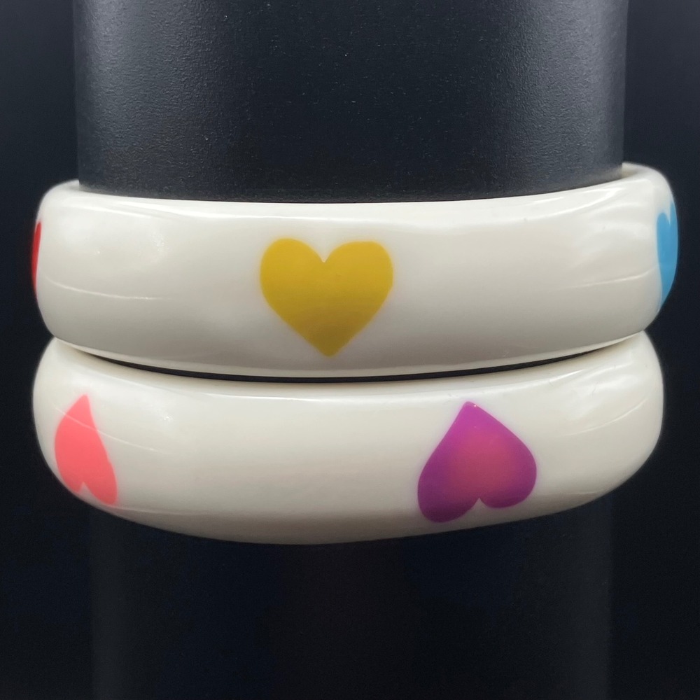 Vintage Bangle Bracelets White Colorful Heart Print Y2K Resin Size 8.25